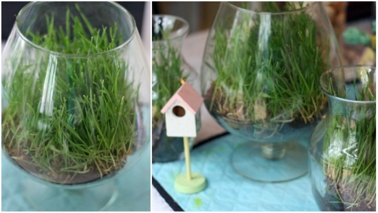 apothecary with grass growing Ever So Fun Inexpensive Table Centerpieces 