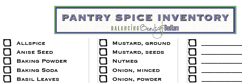 A Great Free Printable to help organize your spices. Pantry Spice Inventory 