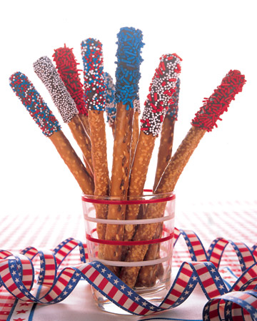 pretzels sparklers Red, White and Blue Dessert Delights   July 4th Inspiration