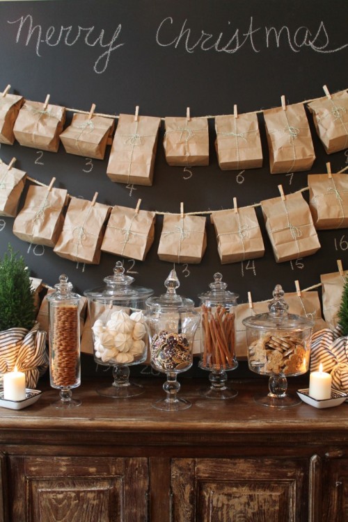 Make a large chalkboard and add a paper bag advent for the holidays