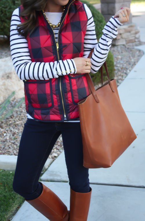 Red-Buffalo-Plaid-Quilted-Vest-White-and-Navy-Striped-Tee-Dark-Rinse-Skinny-Jeans-Cognac-Boots-Cognac-Tote-J.Crew-HM-Gap-Loeffler-Randall-Madewell-11