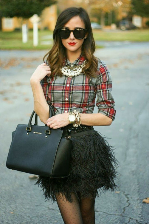Wearing plaid shirts dressed up with statement necklace